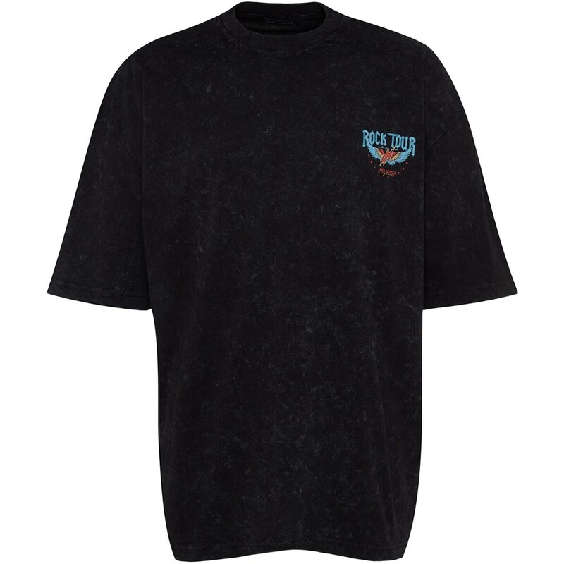 Trendyol Black Oversize/Wide-Fit Weathered/Faded Effect Rock Print 100% Cotton T-Shirt