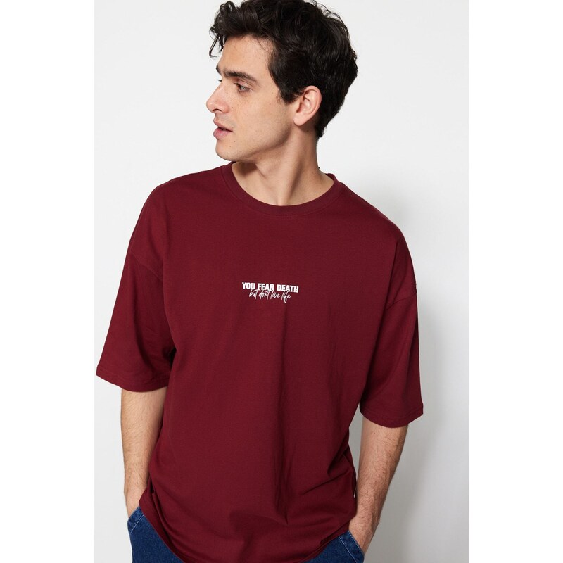 Trendyol Burgundy Oversize/Wide-Fit 100% Cotton Minimal Text Printed T-Shirt