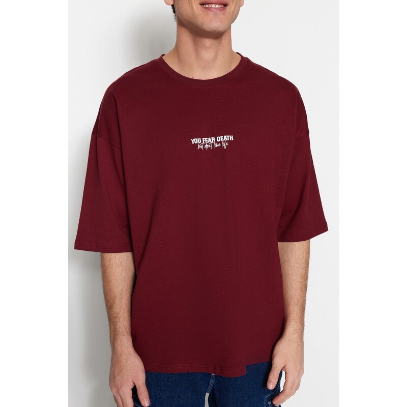 Trendyol Burgundy Oversize/Wide-Fit 100% Cotton Minimal Text Printed T-Shirt