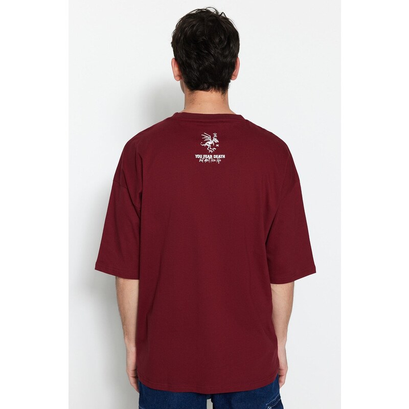 Trendyol Burgundy Oversize/Wide-Fit 100% Cotton Minimal Text Printed T-Shirt