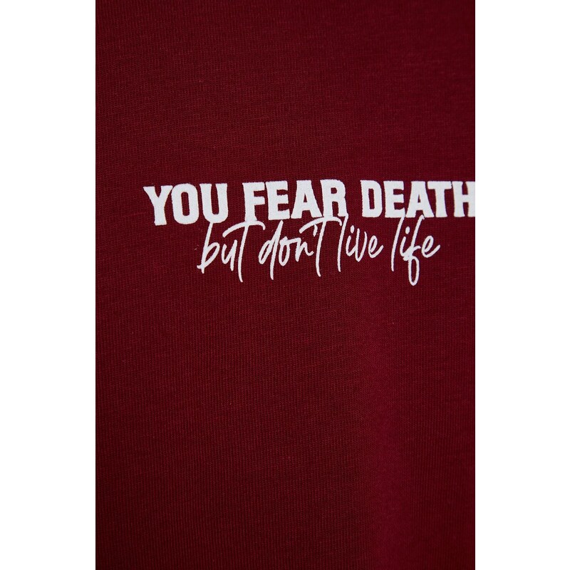 Trendyol Burgundy Oversize/Wide-Fit 100% Cotton Minimal Text Printed T-Shirt