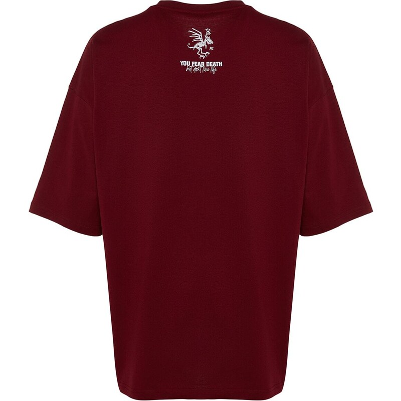Trendyol Burgundy Oversize/Wide-Fit 100% Cotton Minimal Text Printed T-Shirt