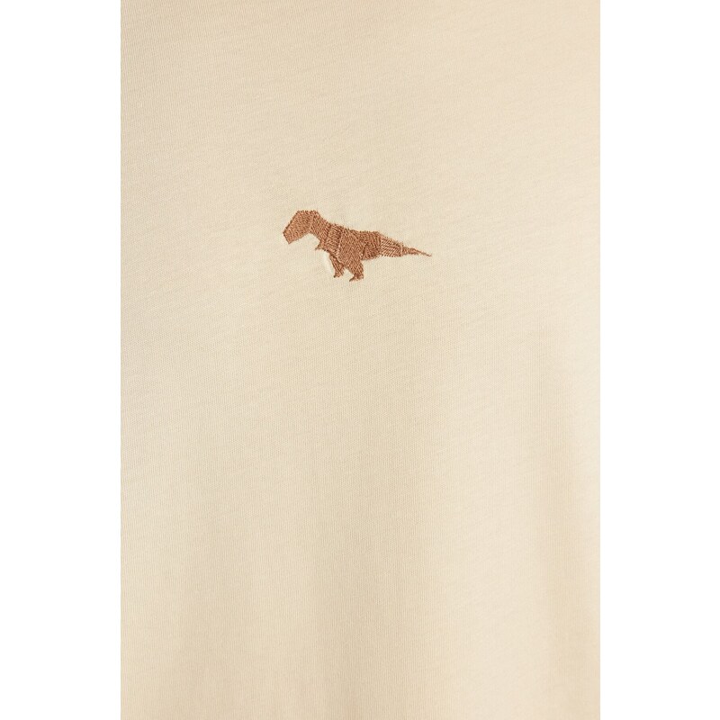 Trendyol Stone Oversize Fit Crew Neck Short Sleeve Dinosaur Embroidered T-Shirt