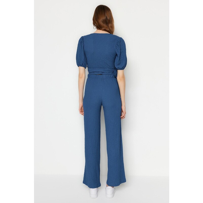 Trendyol Indigo Double Breasted Collar Balloon Sleeves Textured Fabric Knitted Top-Upper Suit