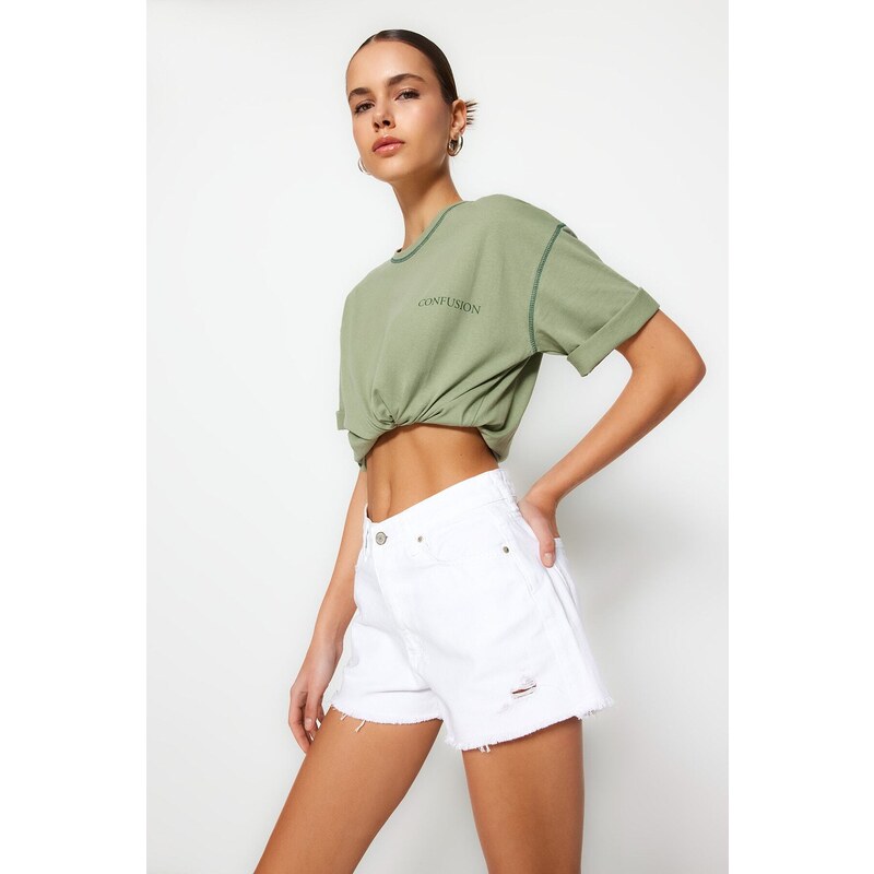 Trendyol White Ripped Detailed Denim Shorts