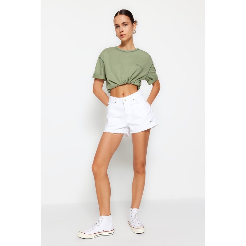 Trendyol White Ripped Detailed Denim Shorts