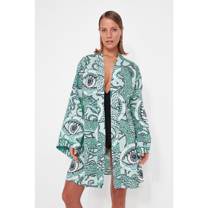 Trendyol Ethnic Pattern Belted Mini Woven 100% Cotton Kimono & Kaftan