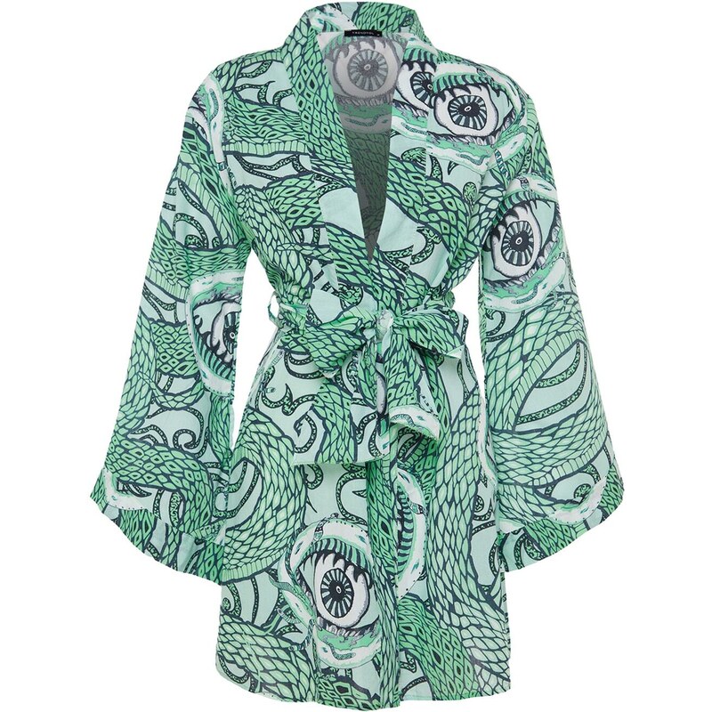 Trendyol Ethnic Pattern Belted Mini Woven 100% Cotton Kimono & Kaftan