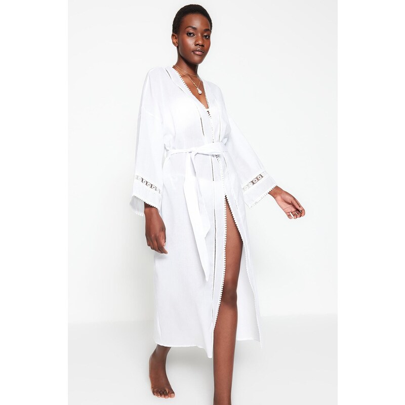 Trendyol Bridal Ecru Belted Midi Woven 100% Cotton Kimono&Kaftan with Stripe Accessories