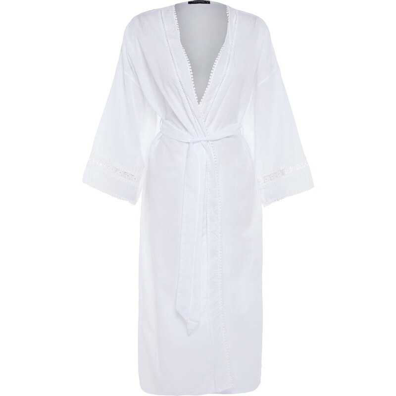 Trendyol Bridal Ecru Belted Midi Woven 100% Cotton Kimono&Kaftan with Stripe Accessories