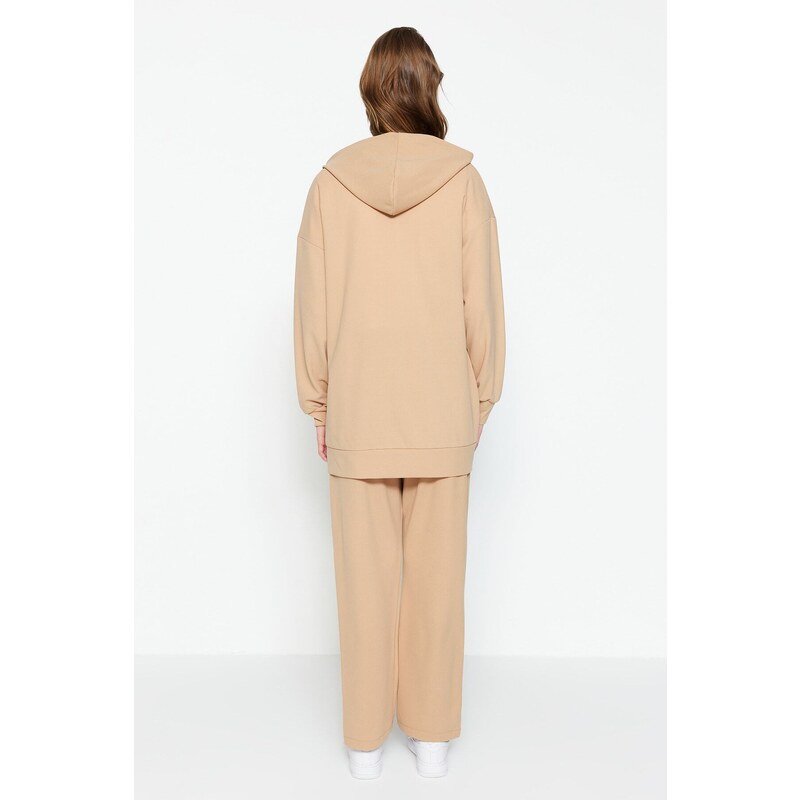 Trendyol Camel Hooded Zipper Knitted Tracksuit Set