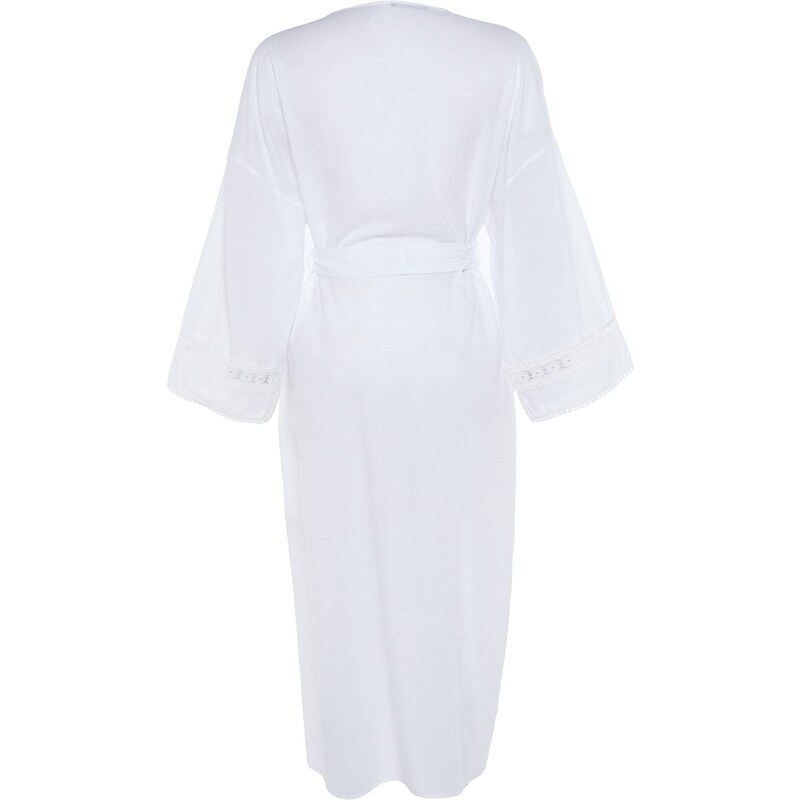 Trendyol Bridal Ecru Belted Midi Woven 100% Cotton Kimono&Kaftan with Stripe Accessories