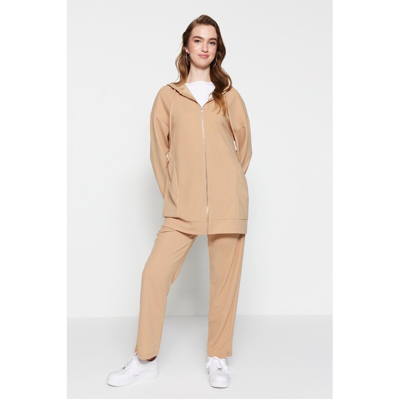 Trendyol Camel Hooded Zipper Knitted Tracksuit Set