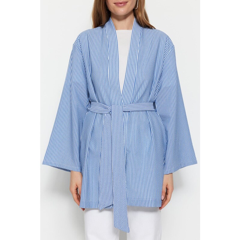 Trendyol modré páskové tkané pruhované kimono a kaftan