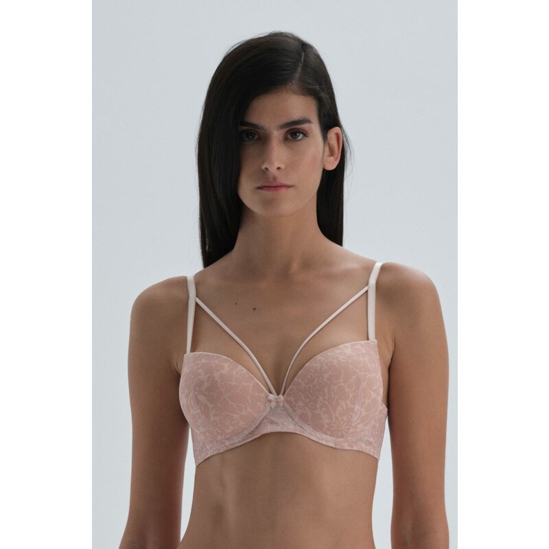 Dagi Dark Pink Semi-Padded, Patterned Tulle Bra with String Detail on the Breast