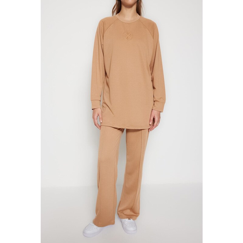 Trendyol Knitted Camel Tracksuit Set With Print Detail