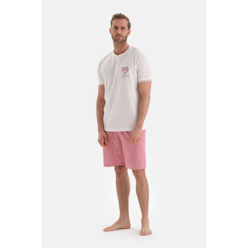 Dagi Ecru Short Sleeve Slogan Printed Shorts Pajama Set