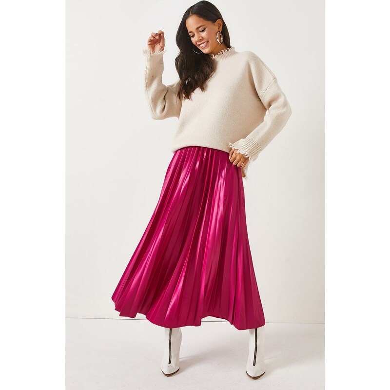 Olalook A-Line Pleated Skirt With Fuchsia Leather Look