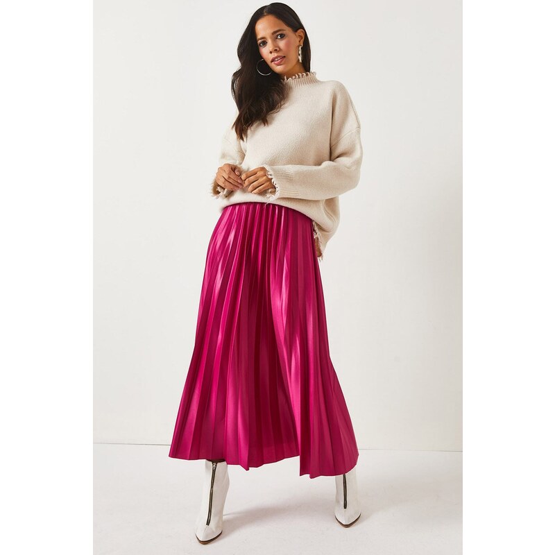 Olalook A-Line Pleated Skirt With Fuchsia Leather Look