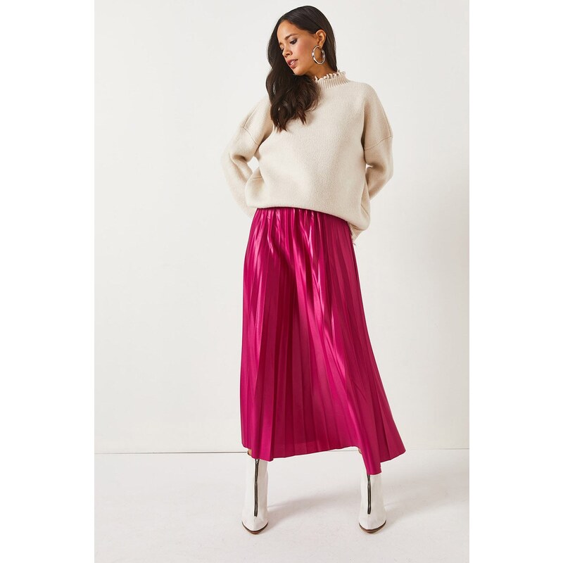 Olalook A-Line Pleated Skirt With Fuchsia Leather Look