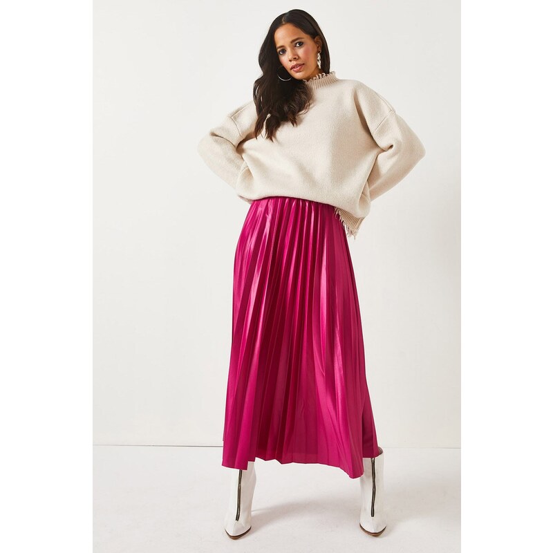 Olalook A-Line Pleated Skirt With Fuchsia Leather Look