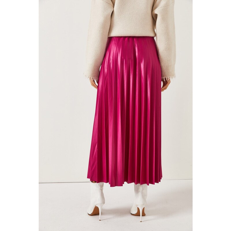 Olalook A-Line Pleated Skirt With Fuchsia Leather Look