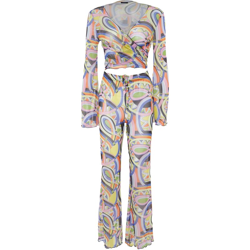 Trendyol Abstract Patterned Woven Tie Blouse and Pants Suit