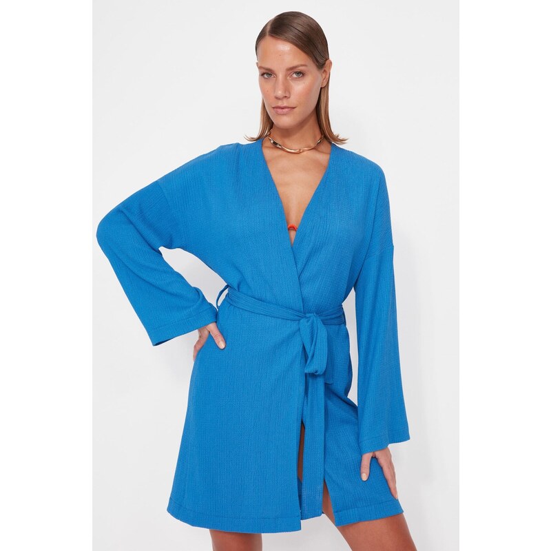 Trendyol Blue Belted Mini Woven Kimono & Kaftan