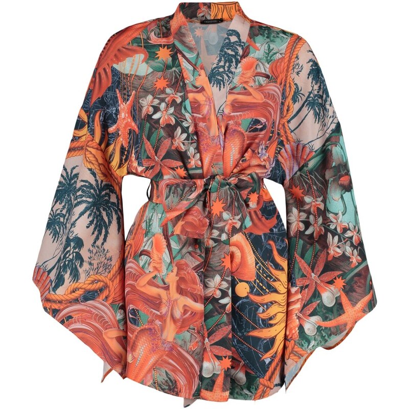 Trendyol Tropical Patterned Belted Mini Woven Kimono & Caftan