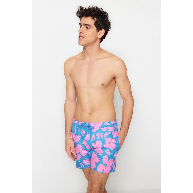 Trendyol Blue Men's Standard Size Floral Print Swimwear Marine Shorts