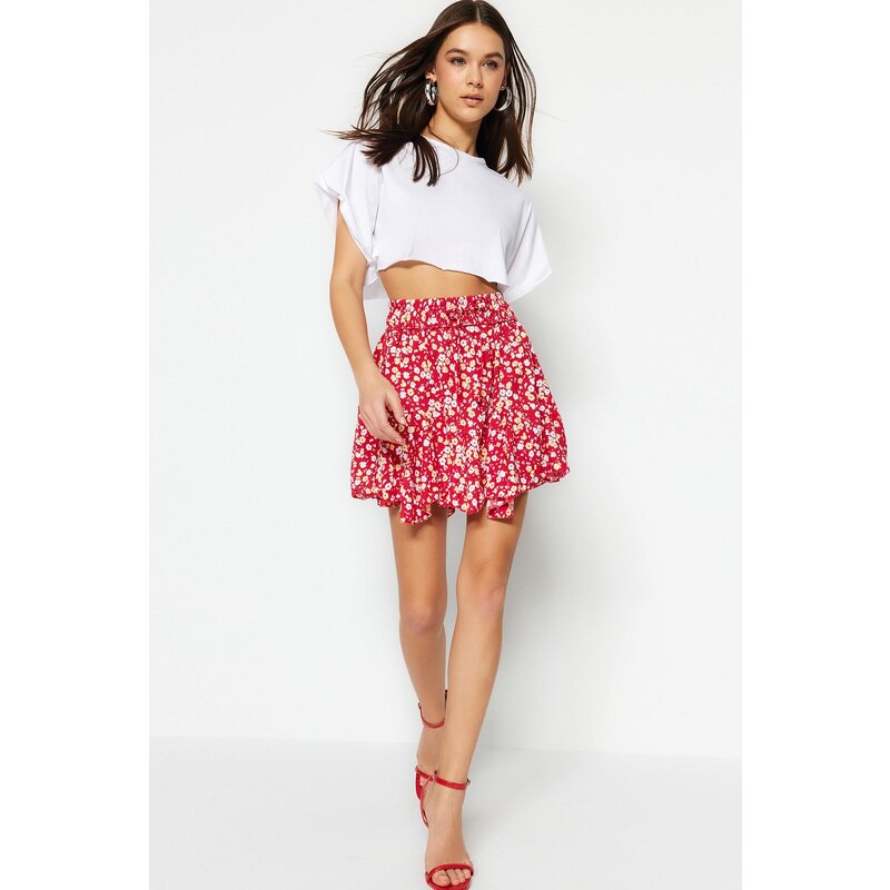 Trendyol Pink Floral Patterned Skirt With Ruffles, Normal Waist, Mini Crepe Knitted Skirt