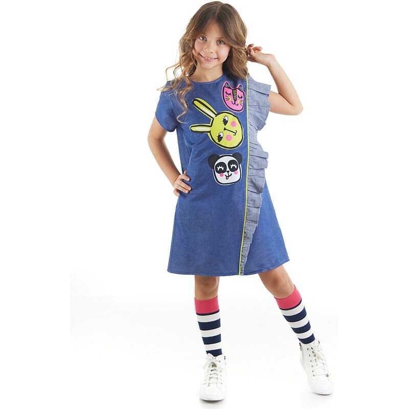 Mushi Three Friends Woven Girls Blue Dress