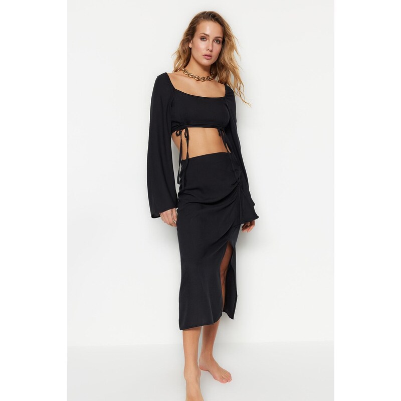 Trendyol Black Woven Gathered Top and Skirt Set