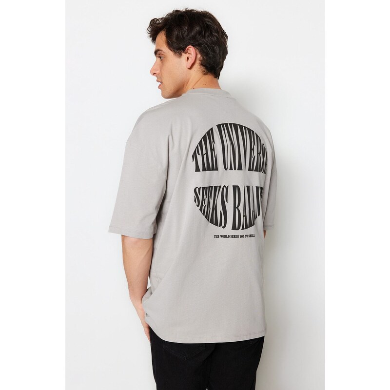 Trendyol Gray Oversize Fluffy Text Printed 100% Cotton T-Shirt