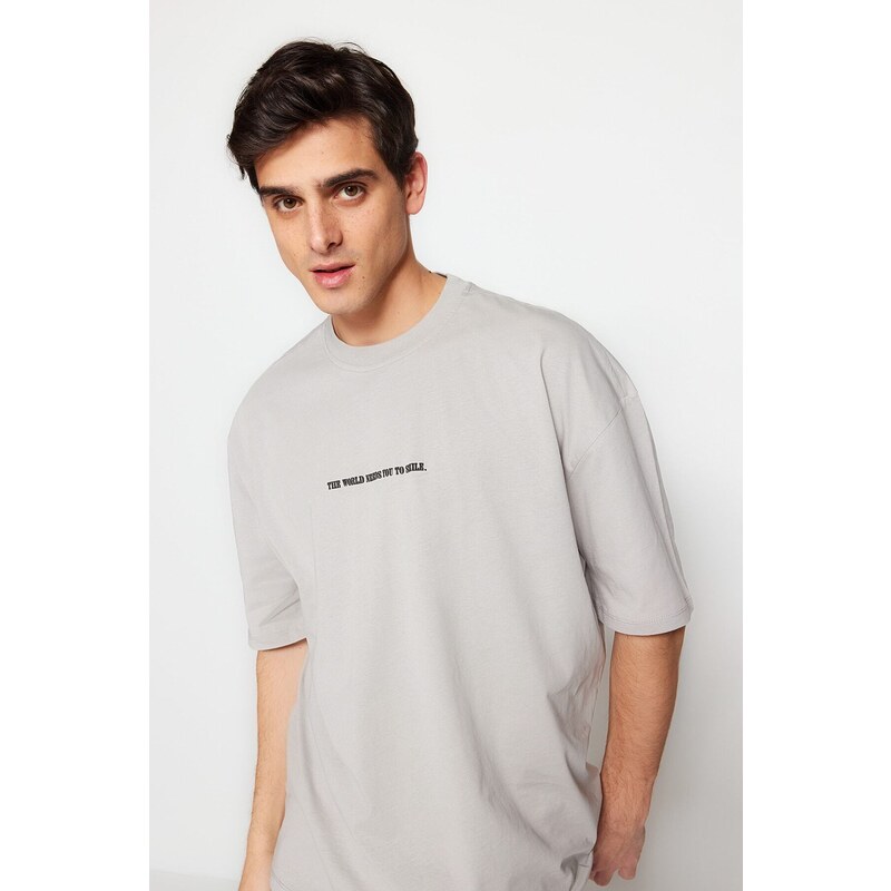 Trendyol Gray Oversize Fluffy Text Printed 100% Cotton T-Shirt