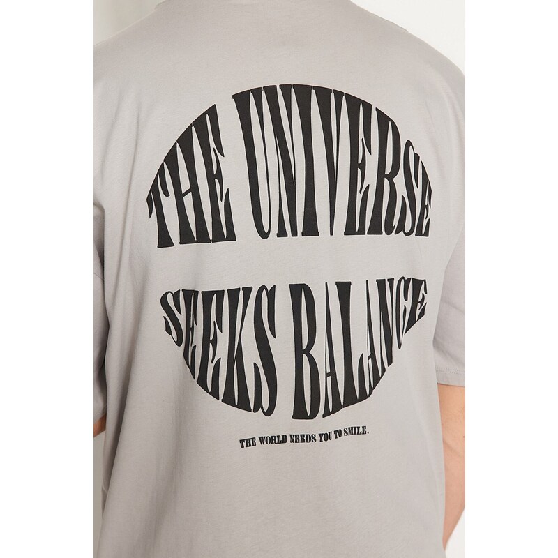 Trendyol Gray Oversize Fluffy Text Printed 100% Cotton T-Shirt