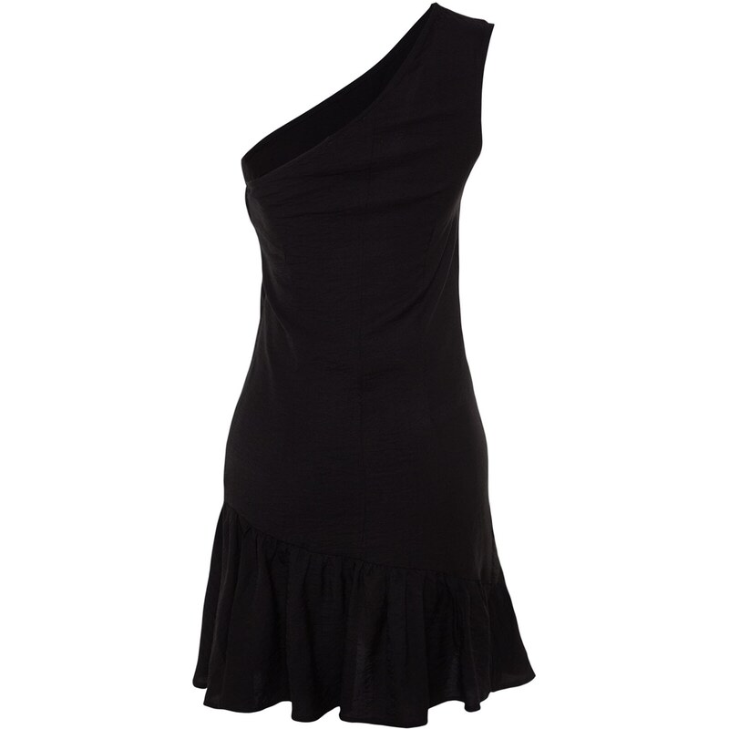 Trendyol černé vypasované mini tkané volánkové šaty s jedním rukávem