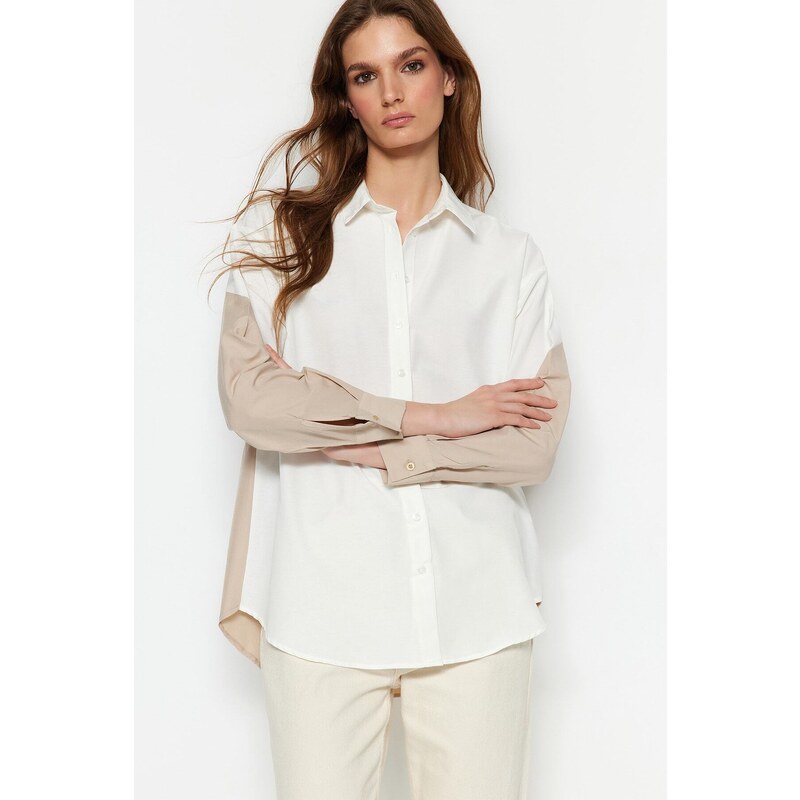 Trendyol Ecru Color Block Boyfriend Wide Fit Woven Shirt