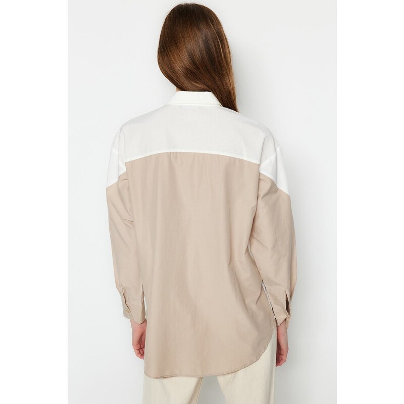 Trendyol Ecru Color Block Boyfriend Wide Fit Woven Shirt