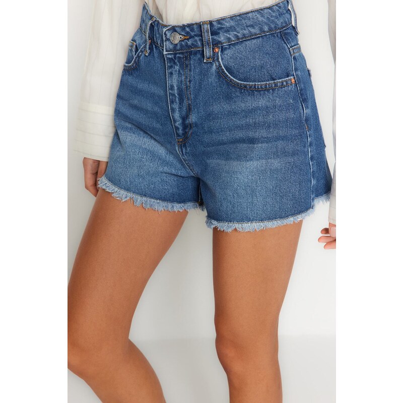 Trendyol Dark Blue Slit Detailed High Waist Denim Shorts