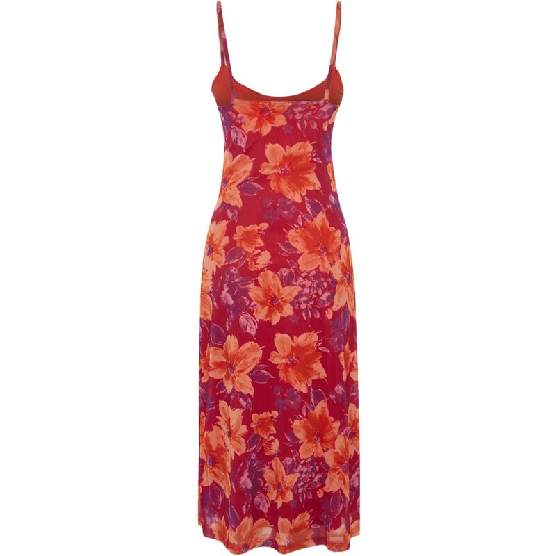 Trendyol růžové květinové vzorované štěrbiny s detailním lemovaným tylovým ramínkem na midi šaty