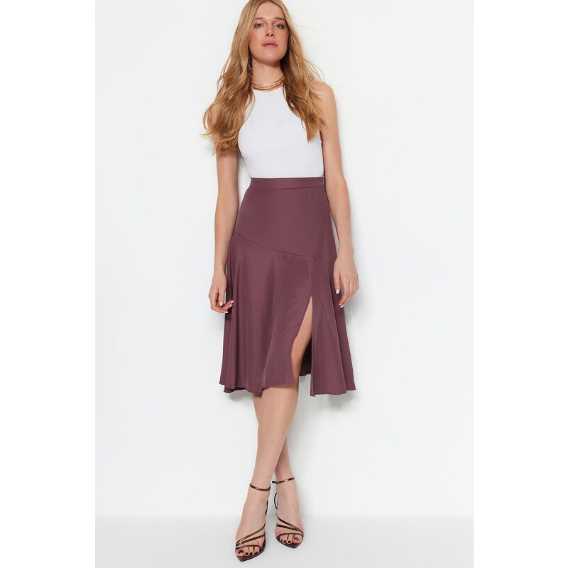 Trendyol Plum Midi Woven Skirt with a Slit Detailed