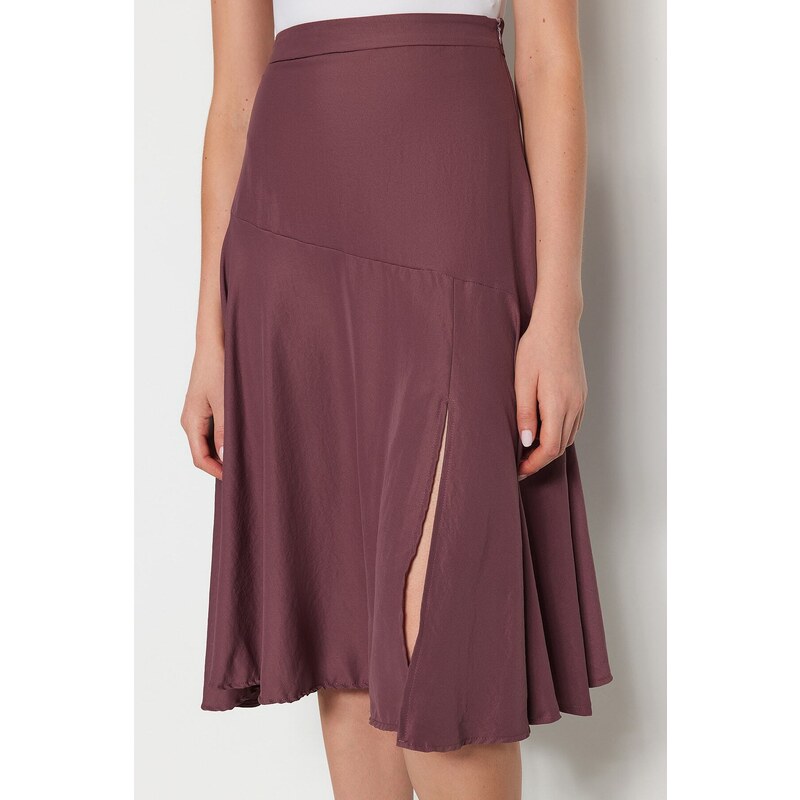 Trendyol Plum Midi Woven Skirt with a Slit Detailed