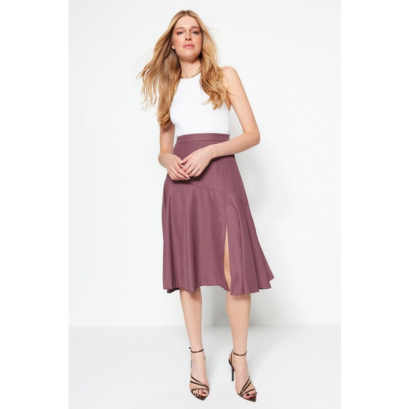 Trendyol Plum Midi Woven Skirt with a Slit Detailed