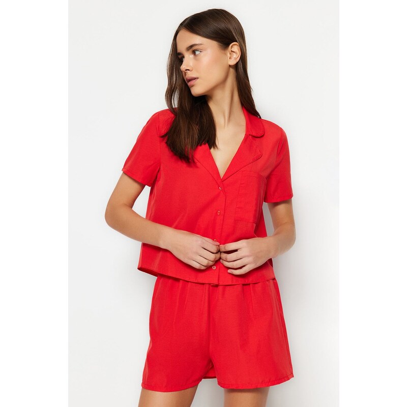 Trendyol Dark Red Terrycotton Shirt-Shorts Woven Pajamas Set