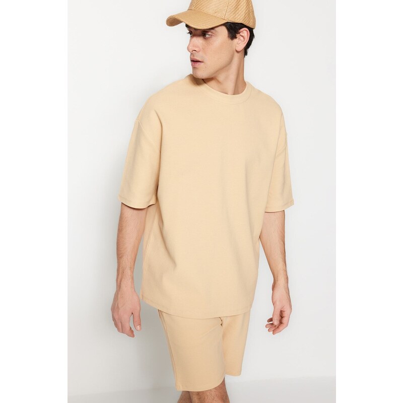 Trendyol Limitovaná edice béžová oversize 100% bavlna označená texturou Basic Thick T-Shirt