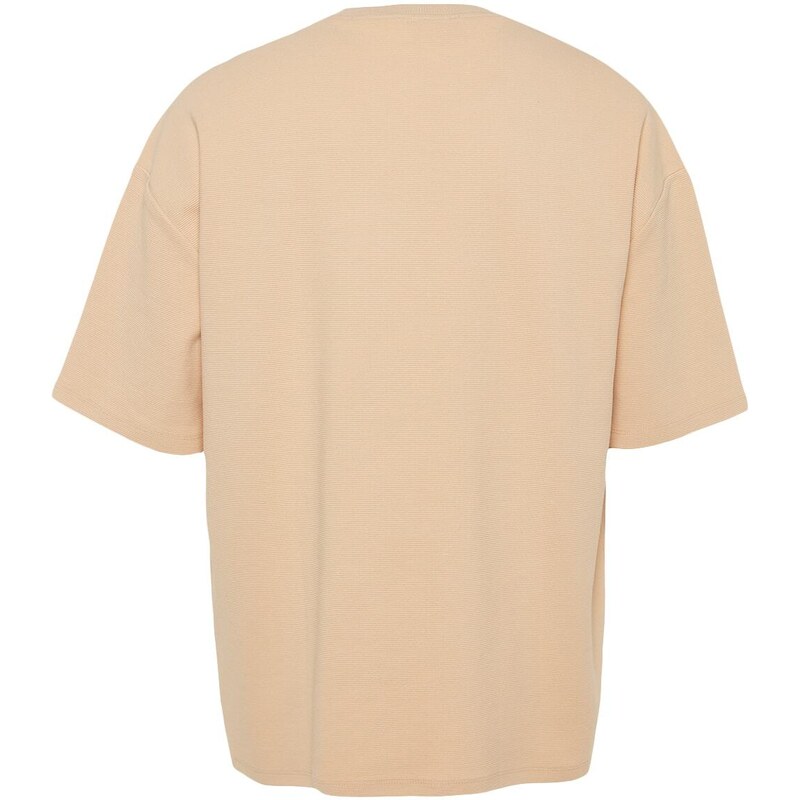Trendyol Limitovaná edice béžová oversize 100% bavlna označená texturou Basic Thick T-Shirt