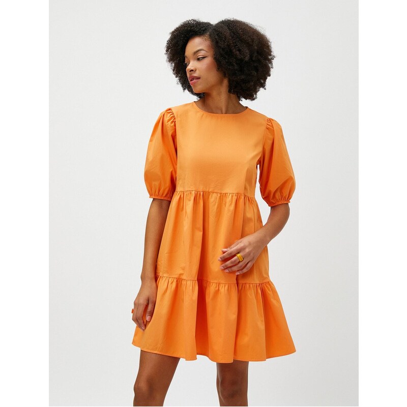 Koton Mini Poplin Dress with Balloon Sleeves Ruffles Crew Neck Cotton