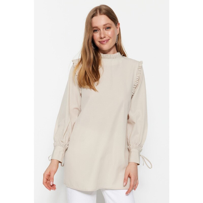 Trendyol Stones Woven Cotton Tunic with Ruffle Shoulder and Cuff