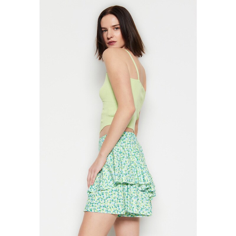 Trendyol Mint Ruffle Patterned High Waist Mini Knitted Shorts Skirt